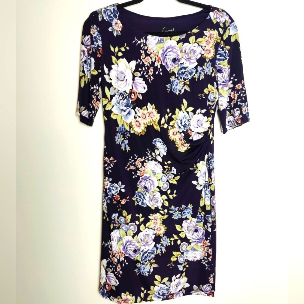 Connected Apparel Navy Floral Midi Sheath Dress, Size 8P